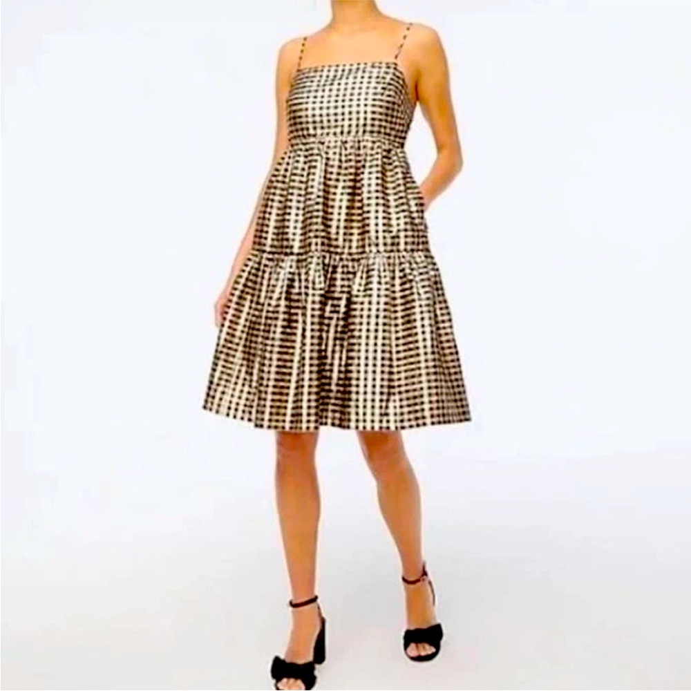 J Crew Black Gold Lurex Gingham Plaid Tiered Metallic Dress Sz 2 Holiday Party